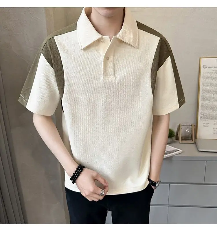 Men Clothing Summer Fashion Contrast Color Patchwork Breathable Polo T Shirt Male Simple Casual Short Sleeve Loose Cotton Tops
