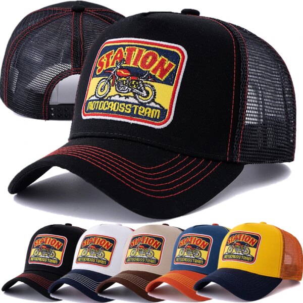 Dropshipping Unisex Mesh Trucker Hat Classic Motorcycle Pattern Breathable Summer Baseball Cap Streetwear Cap for Men Women