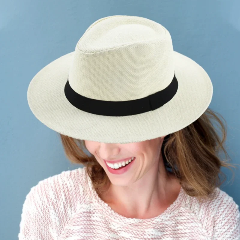 Summer Womens Men Outdoor Sunhat Bucket Straw Hat Retro Cowboy Jazz Hat Fishierman Panama Cap Travel Unisex Beach Foldable Hat