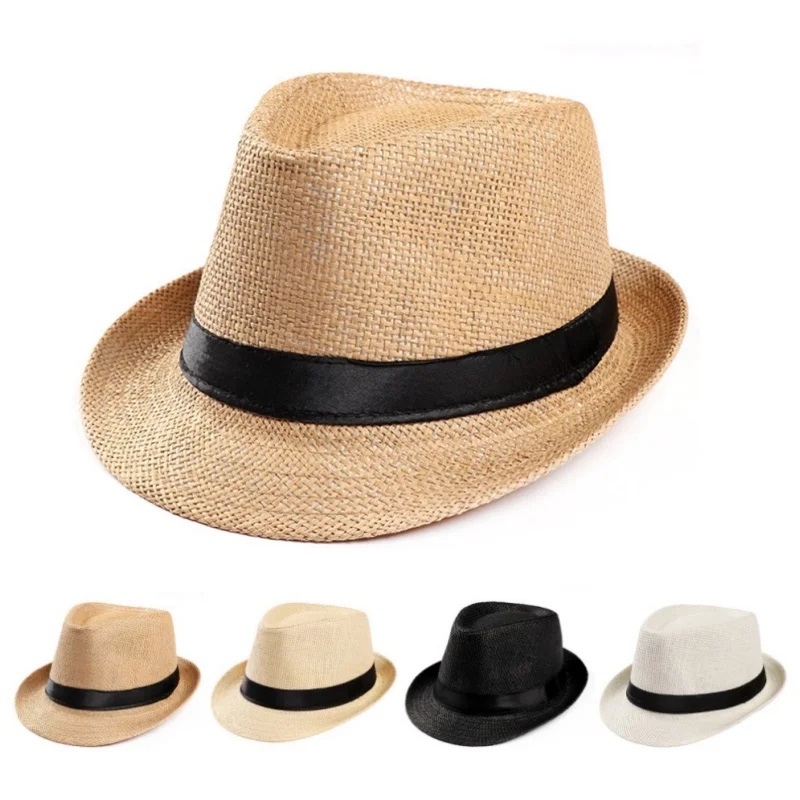 Summer Womens Men Outdoor Sunhat Bucket Straw Hat Retro Cowboy Jazz Hat Fishierman Panama Cap Travel Unisex Beach Foldable Hat