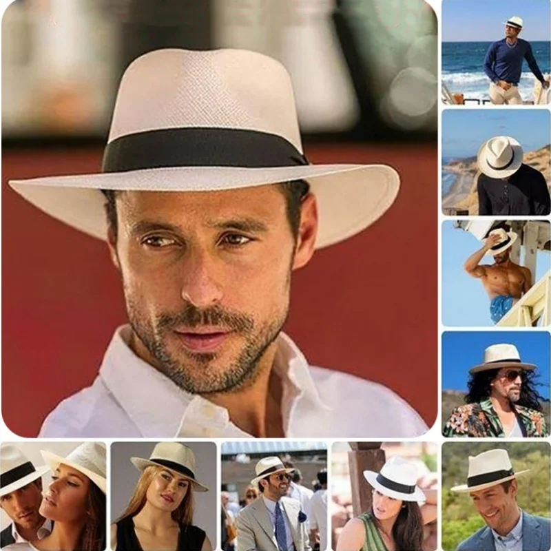 Summer Womens Men Outdoor Sunhat Bucket Straw Hat Retro Cowboy Jazz Hat Fishierman Panama Cap Travel Unisex Beach Foldable Hat