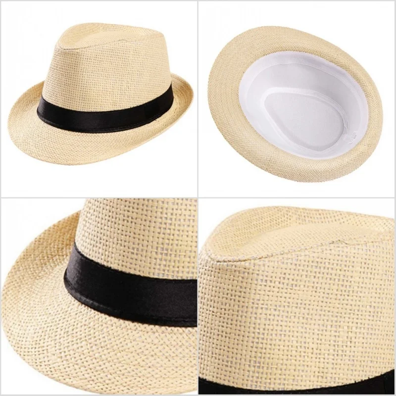 Summer Womens Men Outdoor Sunhat Bucket Straw Hat Retro Cowboy Jazz Hat Fishierman Panama Cap Travel Unisex Beach Foldable Hat