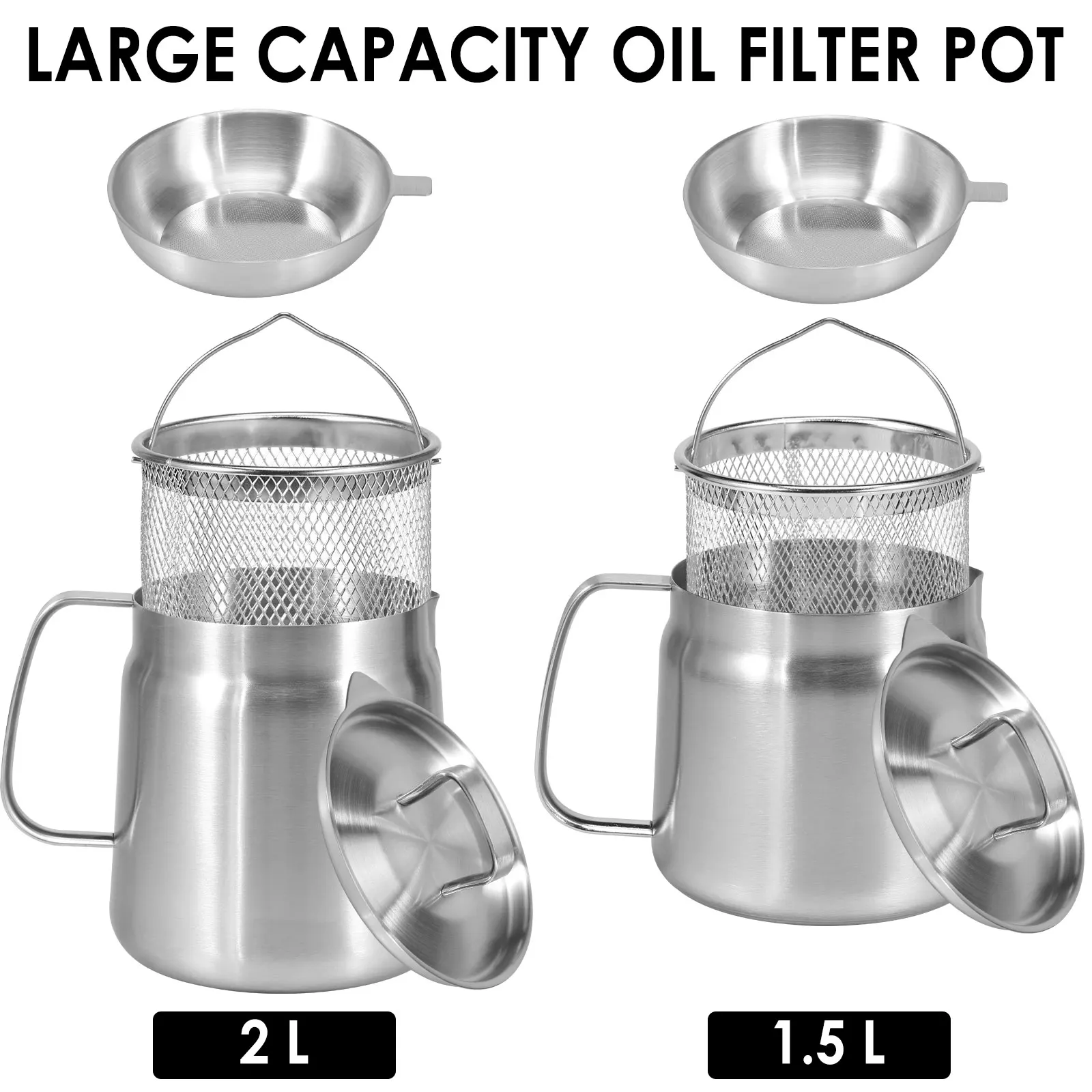 2/1.5L Oil Filter Fry Basket Oil Storage Can Pot Stainless Steel Oil Strainer Pot with Fine Mesh Strainer Grease Container Kitch