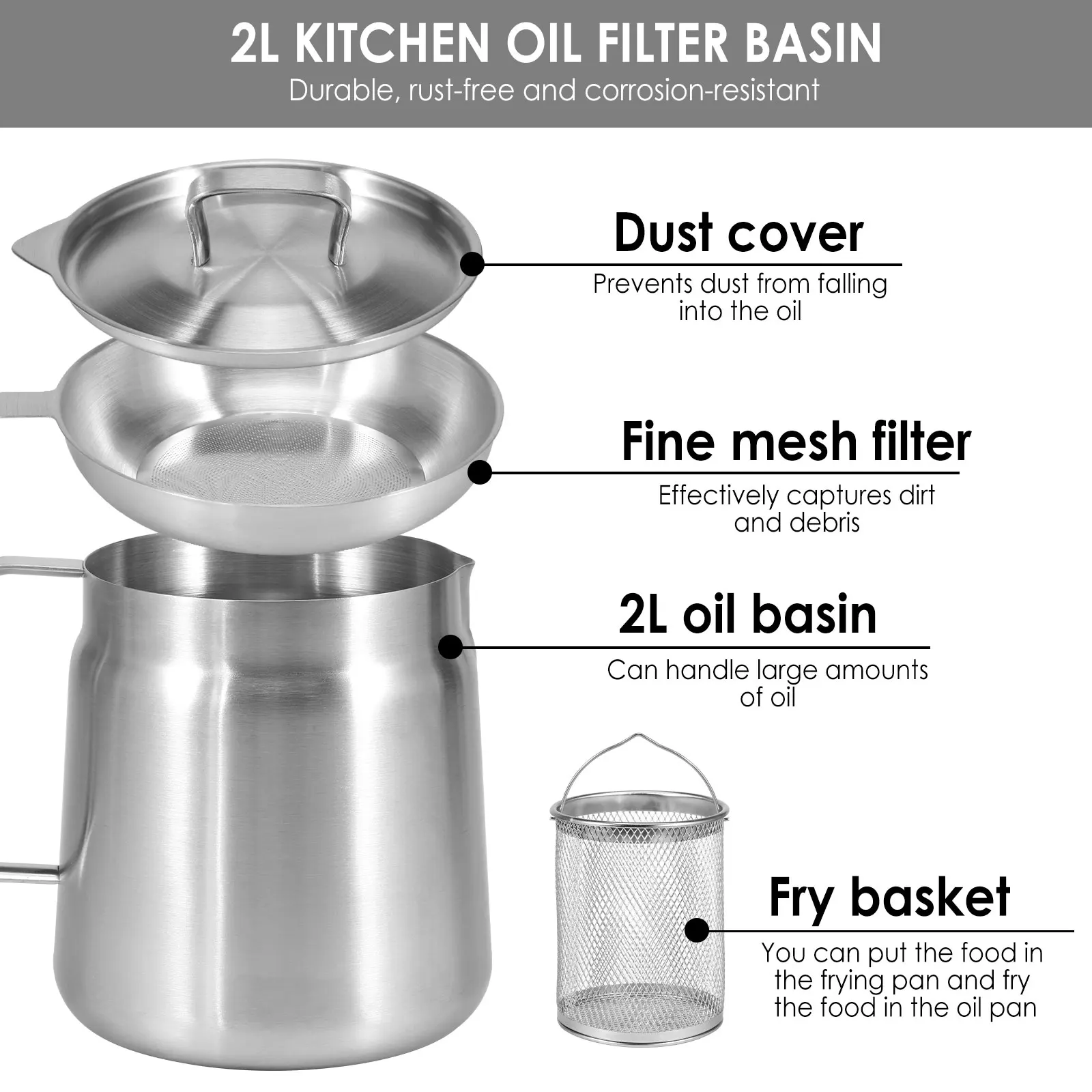 2/1.5L Oil Filter Fry Basket Oil Storage Can Pot Stainless Steel Oil Strainer Pot with Fine Mesh Strainer Grease Container Kitch