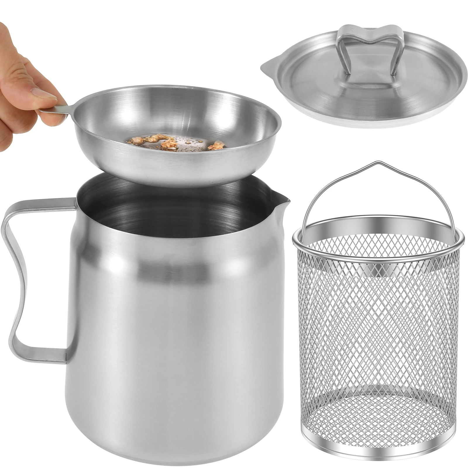 2/1.5L Oil Filter Fry Basket Oil Storage Can Pot Stainless Steel Oil Strainer Pot with Fine Mesh Strainer Grease Container Kitch
