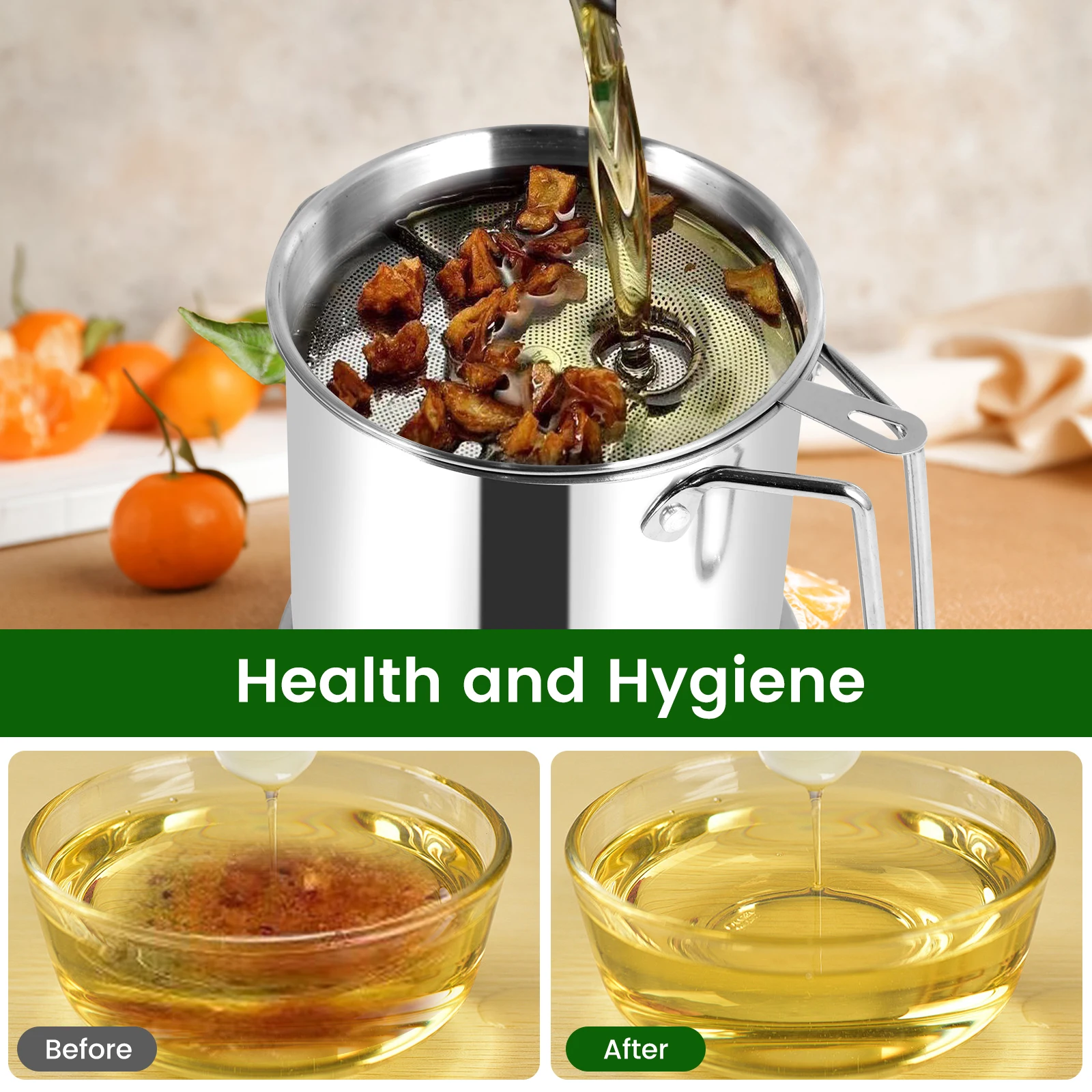 2/1.5L Oil Filter Fry Basket Oil Storage Can Pot Stainless Steel Oil Strainer Pot with Fine Mesh Strainer Grease Container Kitch