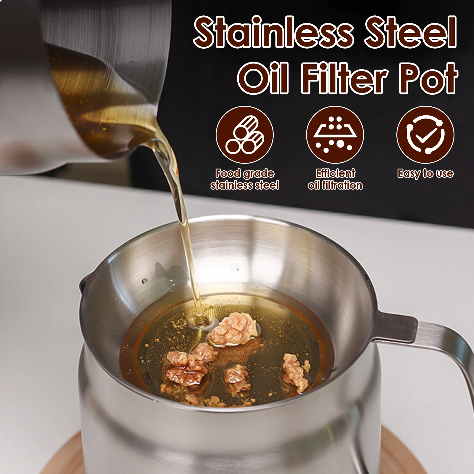 2/1.5L Oil Filter Fry Basket Oil Storage Can Pot Stainless Steel Oil Strainer Pot with Fine Mesh Strainer Grease Container Kitch