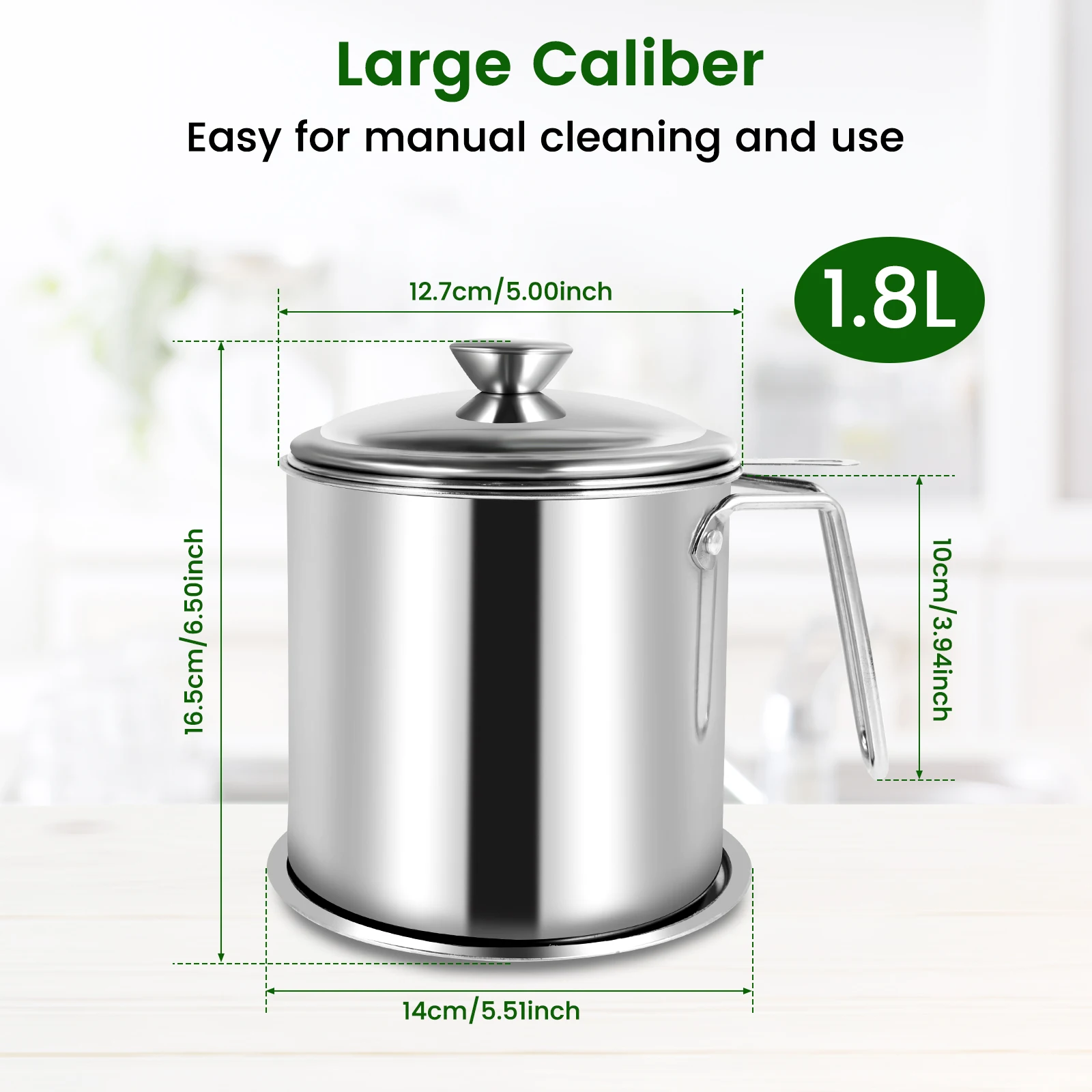 2/1.5L Oil Filter Fry Basket Oil Storage Can Pot Stainless Steel Oil Strainer Pot with Fine Mesh Strainer Grease Container Kitch