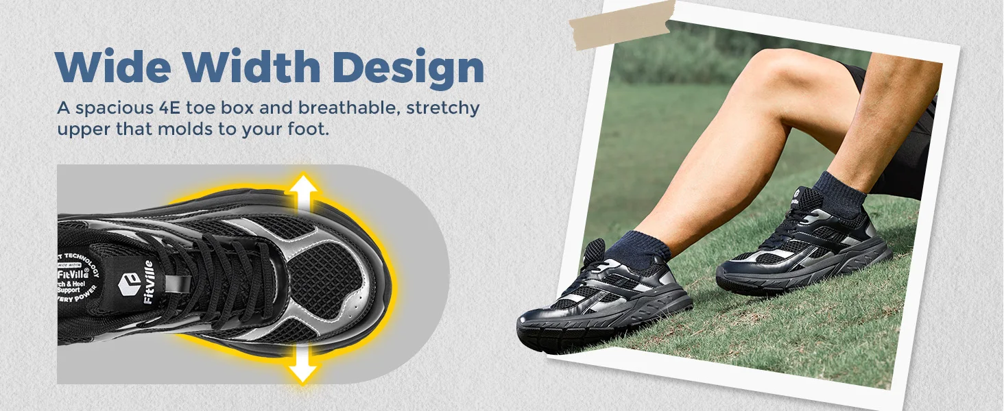 Fittington Extra Wide Men's Walking Shoes Wide Width Comfort Sneakers Non Slip Trainers With Arch Support For Flat Feet Plantar