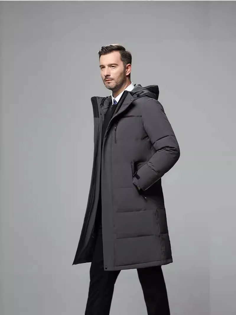 2025 Winter Men Coat Thicken Windproof Long Sleeve Warm Male Down Outerwear Simple Solid Color Mid Length Hooded Man Jacket