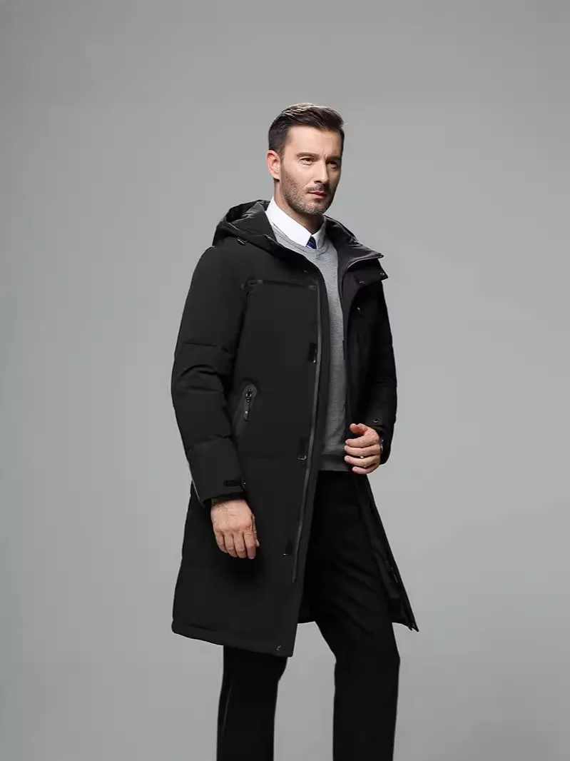 2025 Winter Men Coat Thicken Windproof Long Sleeve Warm Male Down Outerwear Simple Solid Color Mid Length Hooded Man Jacket