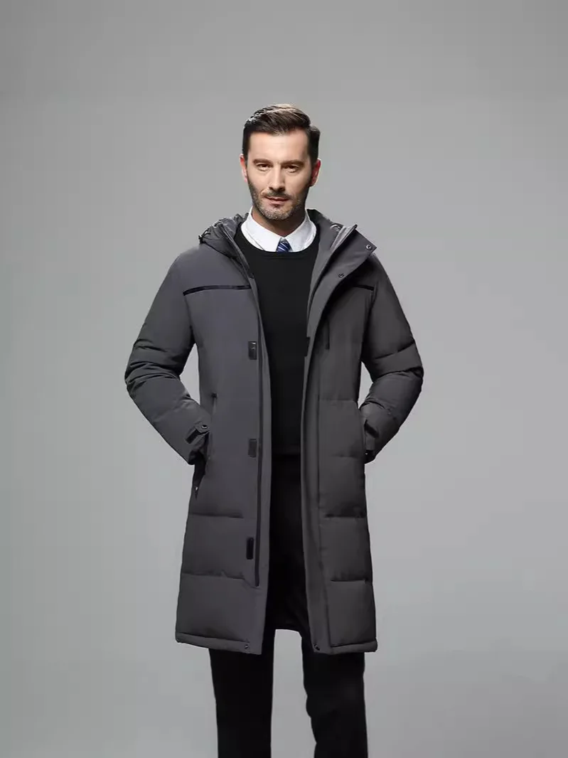 2025 Winter Men Coat Thicken Windproof Long Sleeve Warm Male Down Outerwear Simple Solid Color Mid Length Hooded Man Jacket