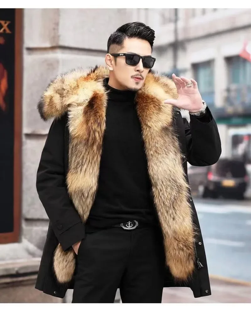 Fur Lined Parkas Men Faux Fur Coat Big Size Hooded Warm Long Fox Fur Coat Snowsuit High Quality Men Clothing Zipper Long Sleeve