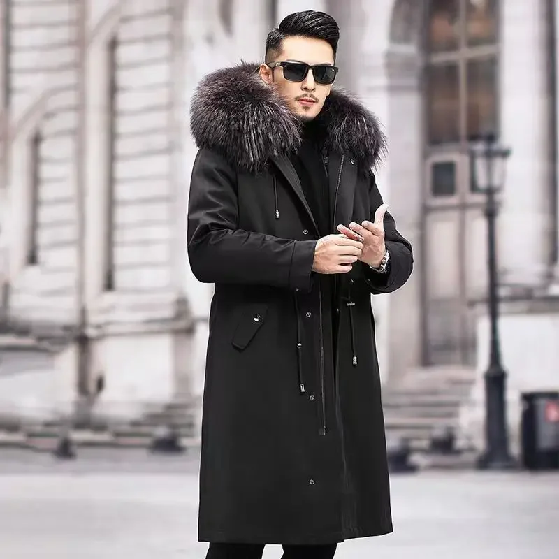 Fur Lined Parkas Men Faux Fur Coat Big Size Hooded Warm Long Fox Fur Coat Snowsuit High Quality Men Clothing Zipper Long Sleeve