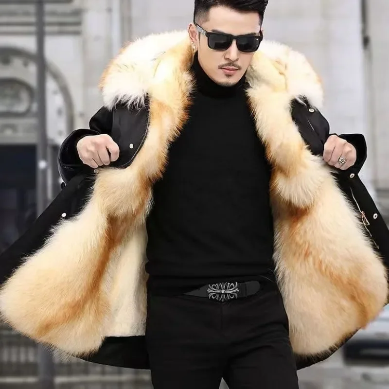 Fur Lined Parkas Men Faux Fur Coat Big Size Hooded Warm Long Fox Fur Coat Snowsuit High Quality Men Clothing Zipper Long Sleeve