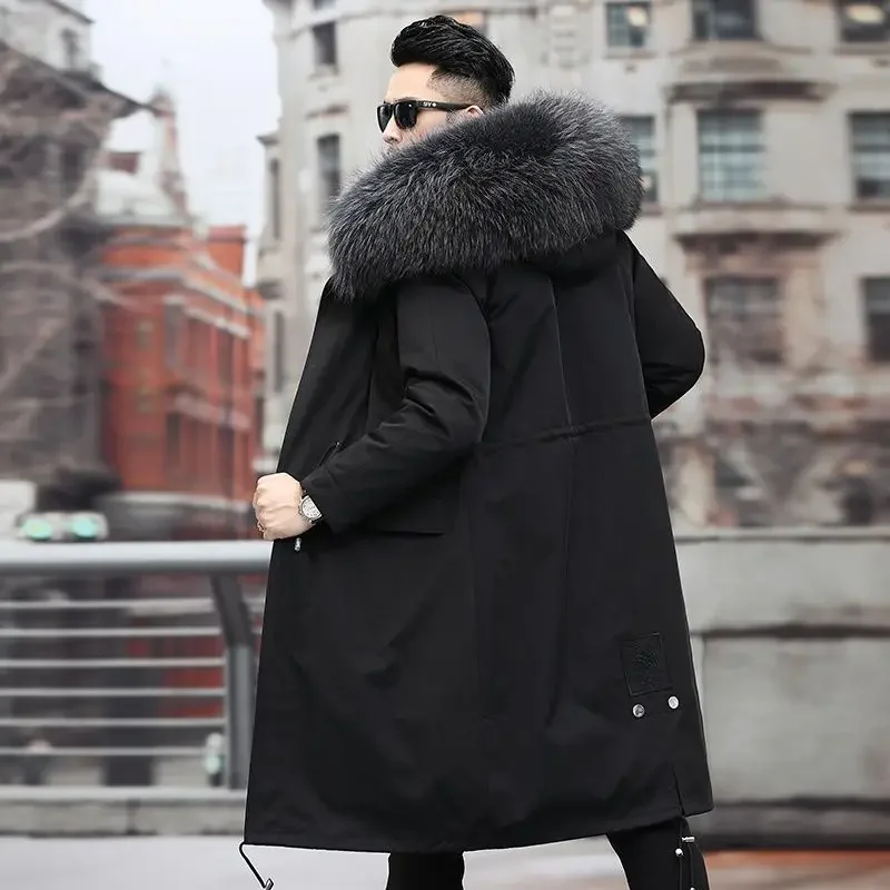 Fur Lined Parkas Men Faux Fur Coat Big Size Hooded Warm Long Fox Fur Coat Snowsuit High Quality Men Clothing Zipper Long Sleeve