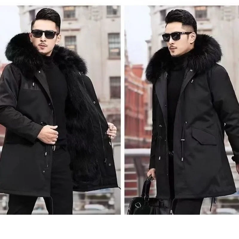 Fur Lined Parkas Men Faux Fur Coat Big Size Hooded Warm Long Fox Fur Coat Snowsuit High Quality Men Clothing Zipper Long Sleeve