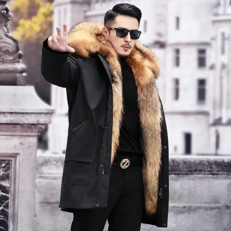 Fur Lined Parkas Men Faux Fur Coat Big Size Hooded Warm Long Fox Fur Coat Snowsuit High Quality Men Clothing Zipper Long Sleeve