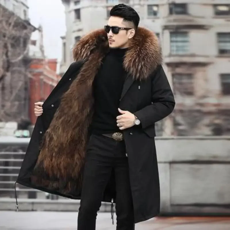 Fur Lined Parkas Men Faux Fur Coat Big Size Hooded Warm Long Fox Fur Coat Snowsuit High Quality Men Clothing Zipper Long Sleeve