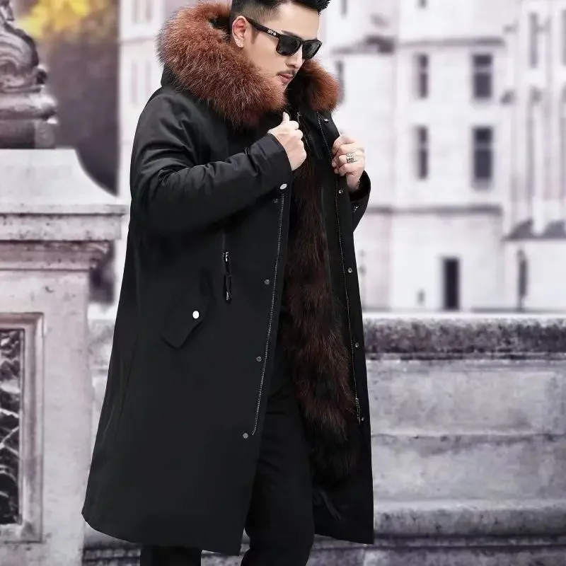 Fur Lined Parkas Men Faux Fur Coat Big Size Hooded Warm Long Fox Fur Coat Snowsuit High Quality Men Clothing Zipper Long Sleeve