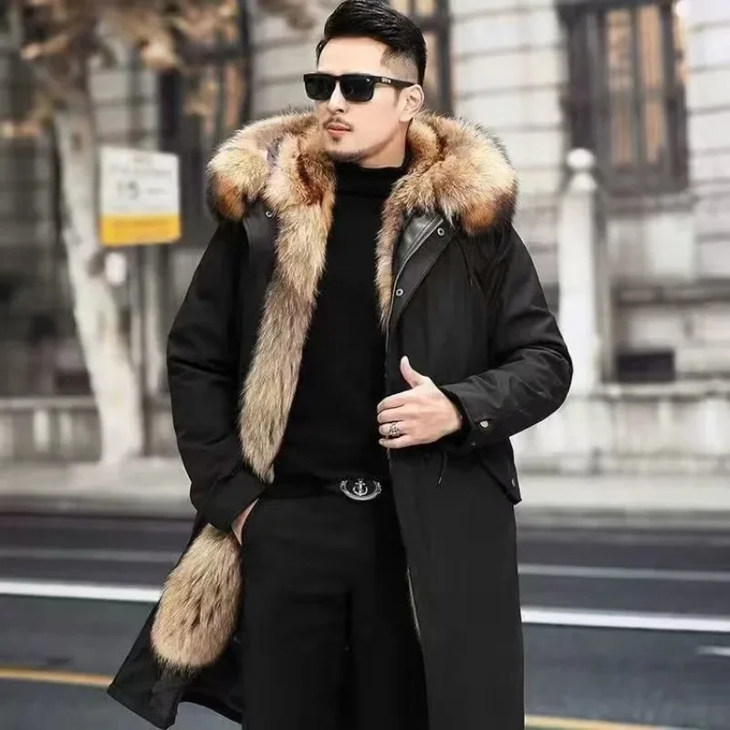 Fur Lined Parkas Men Faux Fur Coat Big Size Hooded Warm Long Fox Fur Coat Snowsuit High Quality Men Clothing Zipper Long Sleeve