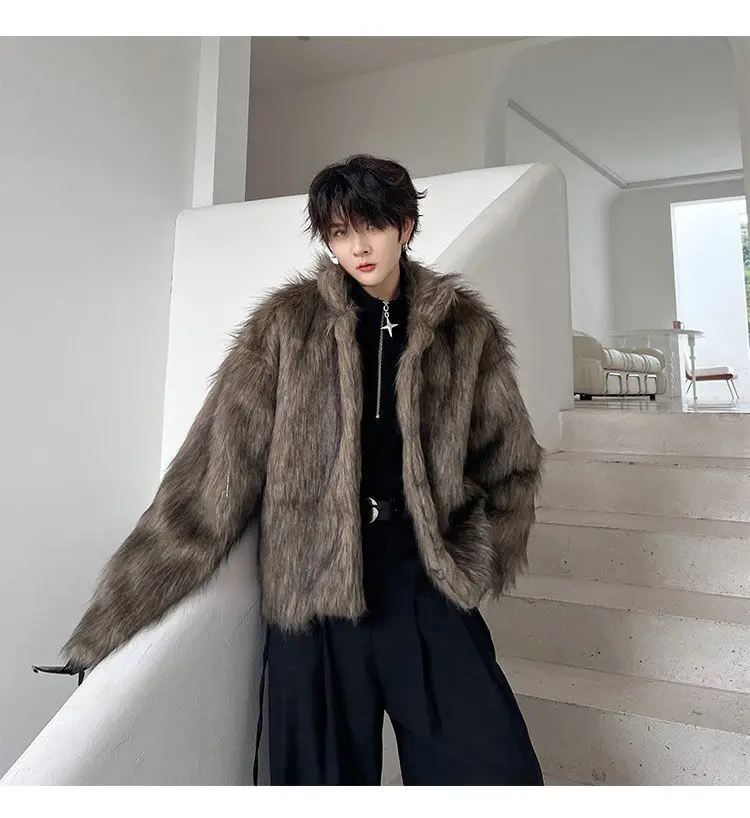 IEFB Korean Style Men's Faux Fur Jackets Solid Color Turn-down Collar Casual Single Breasted Winter All-match Male Coats 9X1159
