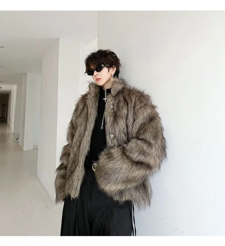 IEFB Korean Style Men's Faux Fur Jackets Solid Color Turn-down Collar Casual Single Breasted Winter All-match Male Coats 9X1159