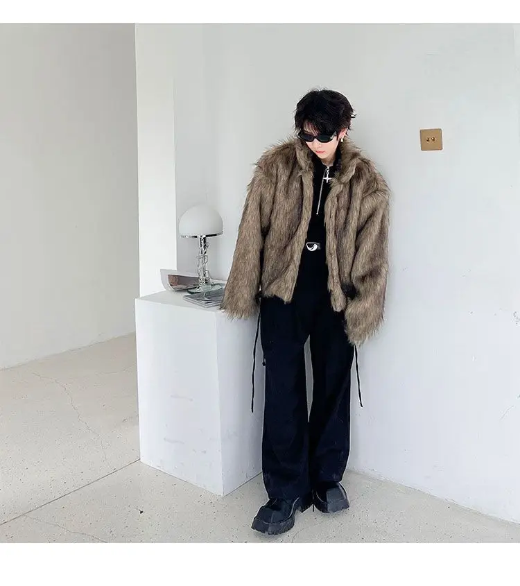 IEFB Korean Style Men's Faux Fur Jackets Solid Color Turn-down Collar Casual Single Breasted Winter All-match Male Coats 9X1159