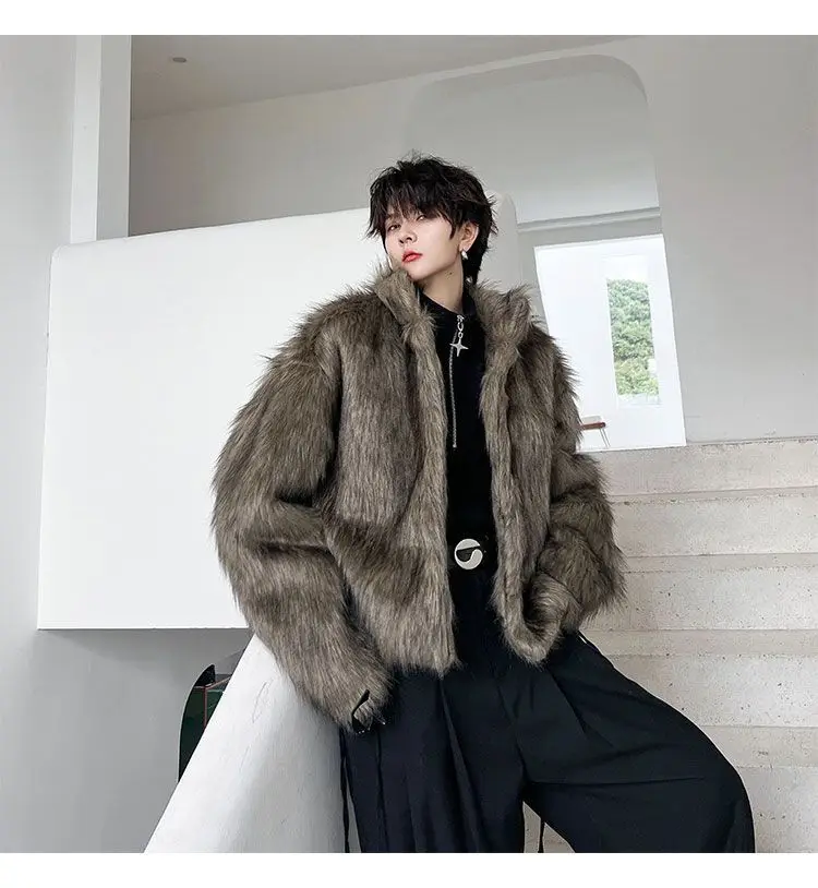 IEFB Korean Style Men's Faux Fur Jackets Solid Color Turn-down Collar Casual Single Breasted Winter All-match Male Coats 9X1159