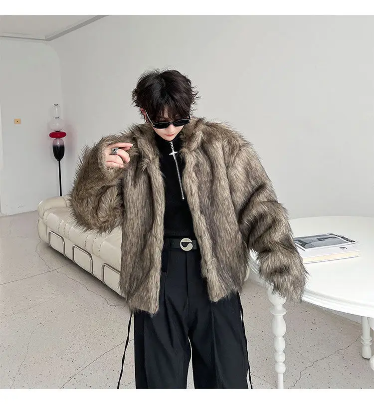 IEFB Korean Style Men's Faux Fur Jackets Solid Color Turn-down Collar Casual Single Breasted Winter All-match Male Coats 9X1159