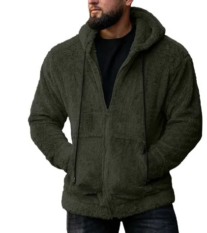 Autumn Men's Plush Cardigan with Hood Solid Color Warm Home Comfort Zipper Jacket