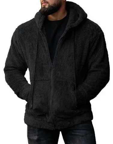 Autumn Men's Plush Cardigan with Hood Solid Color Warm Home Comfort Zipper Jacket