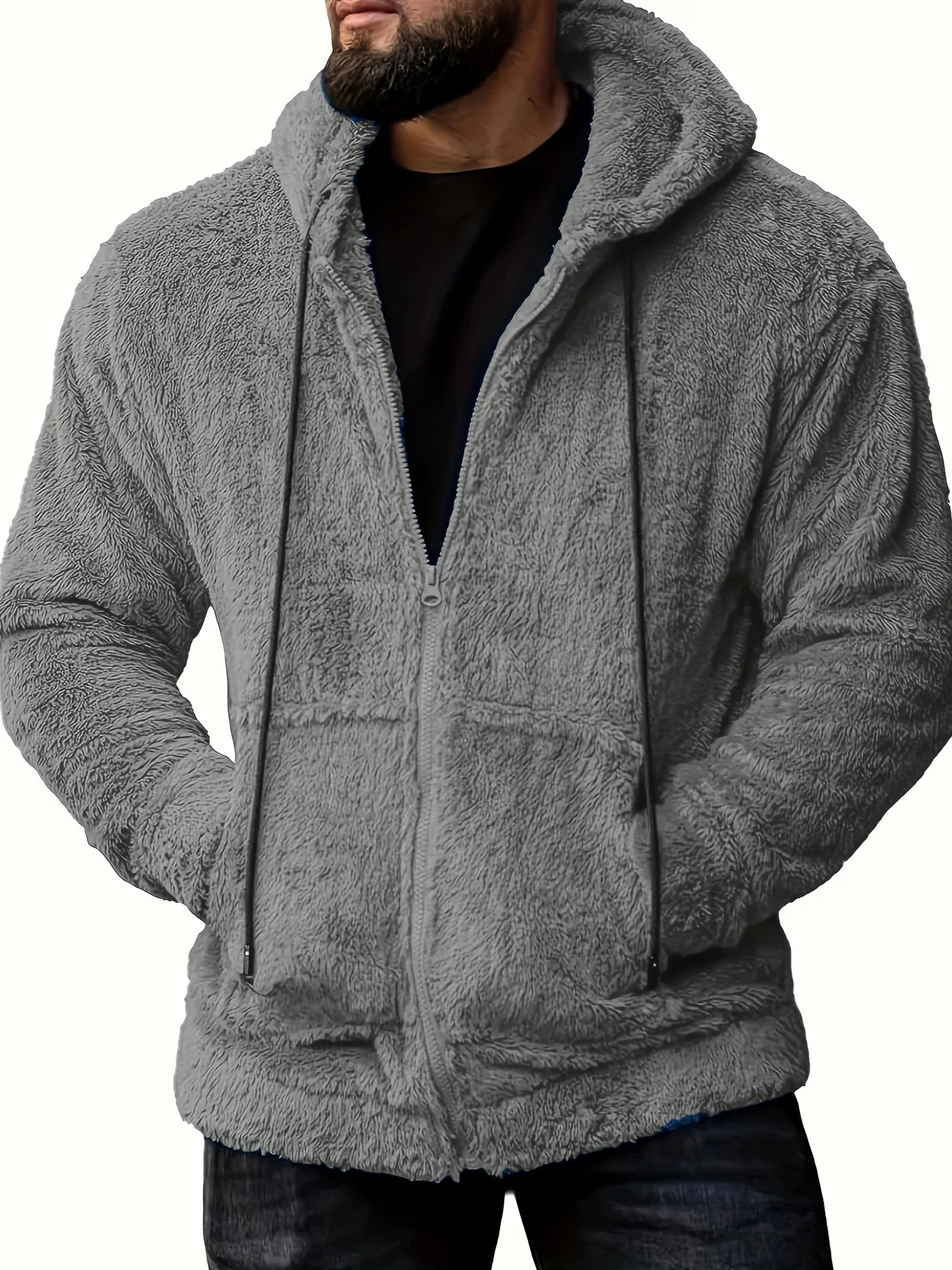 Autumn Men's Plush Cardigan with Hood Solid Color Warm Home Comfort Zipper Jacket