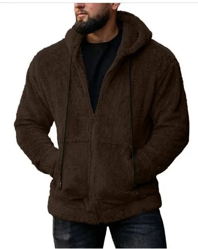 Autumn Men's Plush Cardigan with Hood Solid Color Warm Home Comfort Zipper Jacket