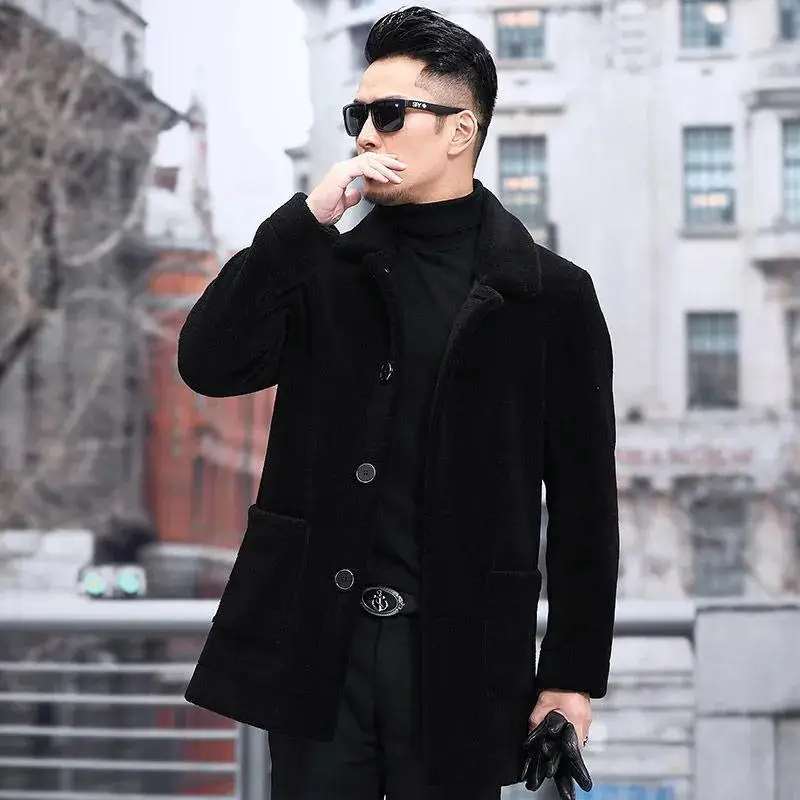 Men's Jaet Autumn Winter Thiened Faux Lamb Velvet Coat Faionable Collared Fluffy Inner Middle-aged plus Size Winter Clo...