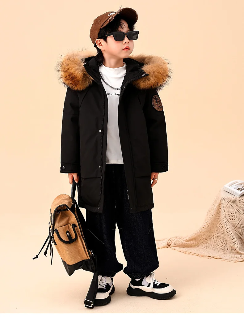 2025 Winter Children Down Jacket For Boys Real Raccoon Fur Hooded Waterproof Teenage Boys Jacket 3-14 Years Kids Outwear Coat