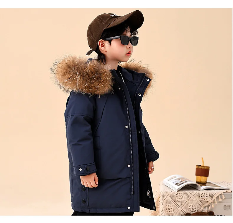 2025 Winter Children Down Jacket For Boys Real Raccoon Fur Hooded Waterproof Teenage Boys Jacket 3-14 Years Kids Outwear Coat