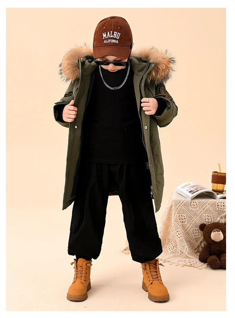 2025 Winter Children Down Jacket For Boys Real Raccoon Fur Hooded Waterproof Teenage Boys Jacket 3-14 Years Kids Outwear Coat