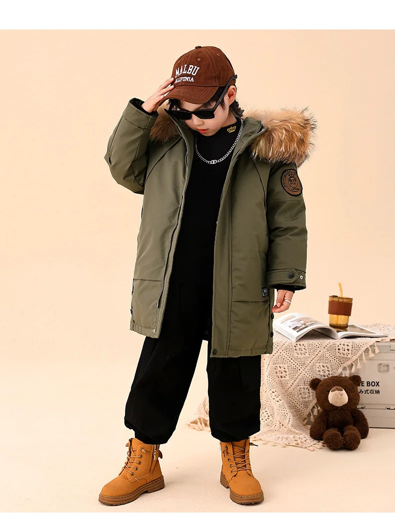 2025 Winter Children Down Jacket For Boys Real Raccoon Fur Hooded Waterproof Teenage Boys Jacket 3-14 Years Kids Outwear Coat