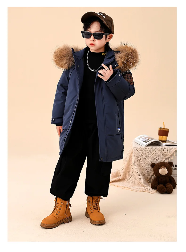 2025 Winter Children Down Jacket For Boys Real Raccoon Fur Hooded Waterproof Teenage Boys Jacket 3-14 Years Kids Outwear Coat