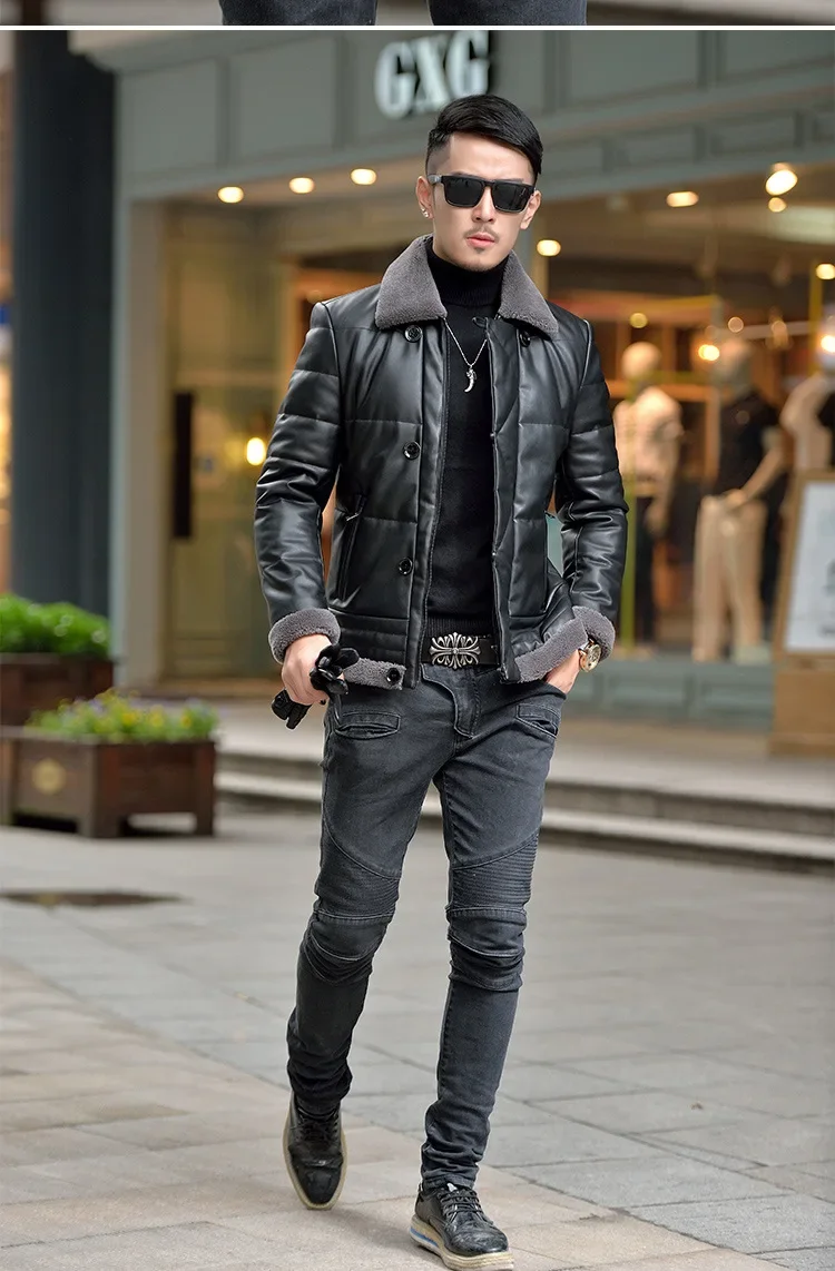 Winter Sheepskin Down Jacket Man Short Korean Slim Fitting Lapel Fur Collar Plush Thicken Luxury Puffer Jacket Men Down Coat