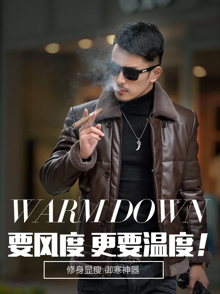 Winter Sheepskin Down Jacket Man Short Korean Slim Fitting Lapel Fur Collar Plush Thicken Luxury Puffer Jacket Men Down Coat