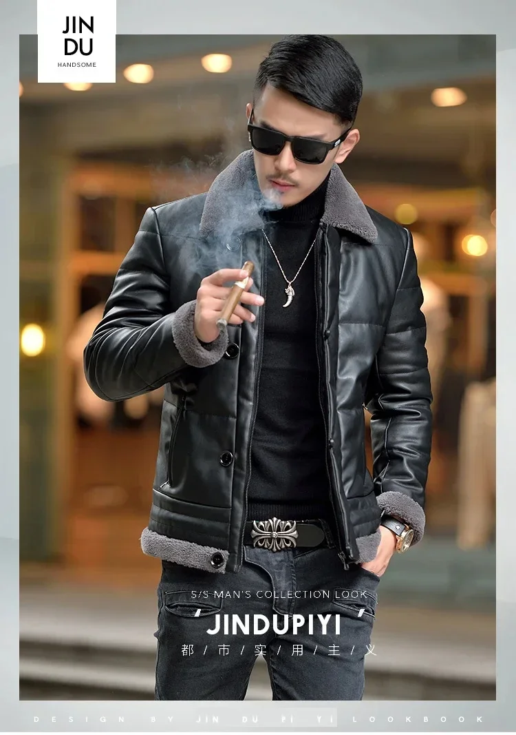 Winter Sheepskin Down Jacket Man Short Korean Slim Fitting Lapel Fur Collar Plush Thicken Luxury Puffer Jacket Men Down Coat