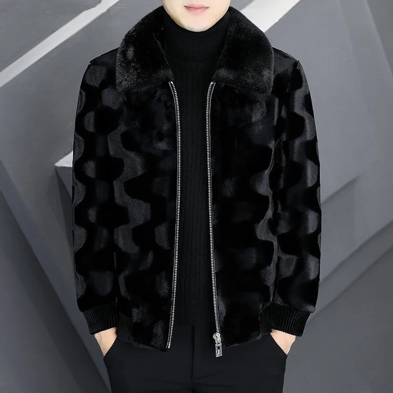 Men's Winter Faux Fur Coat High-End Zipper Thickened Warm Turn Down Collar Jacket Man Black Short Imitation Mink Hair Outwear