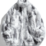 Men's Grey - White Tie - Dye Fuzzy Fleece Zip - Up Jacket with Stand - Up Collar and Logo Patch