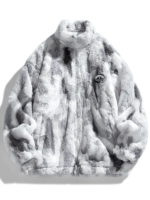 Men's Grey - White Tie - Dye Fuzzy Fleece Zip - Up Jacket with Stand - Up Collar and Logo Patch
