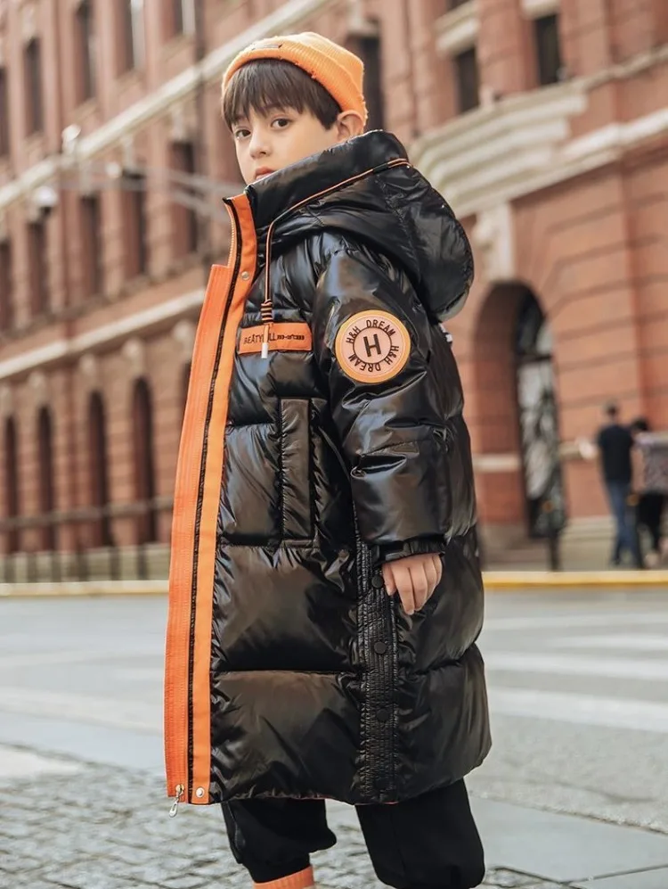 Boys Mid-Length Glossy Down Jacket Fleece Lined Thermal 2025 Winter New Stylish Big Boys Cotton Coat Boys Mid-Length Glossy Down Jacket Fleece Lined Thermal 2025 Winter New Stylish Big Boys Cotton Coat